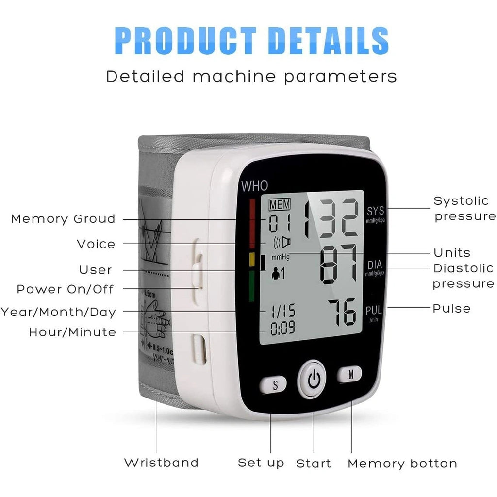 Wrist Blood Pressure Monitor Adjustable Automatic Wrist Cuff Voice Broadcast With 2 Users 180 Memory, Rechargeable Blood Pressure Monitors For Home Use With USB Charging Cable Carrying Case
