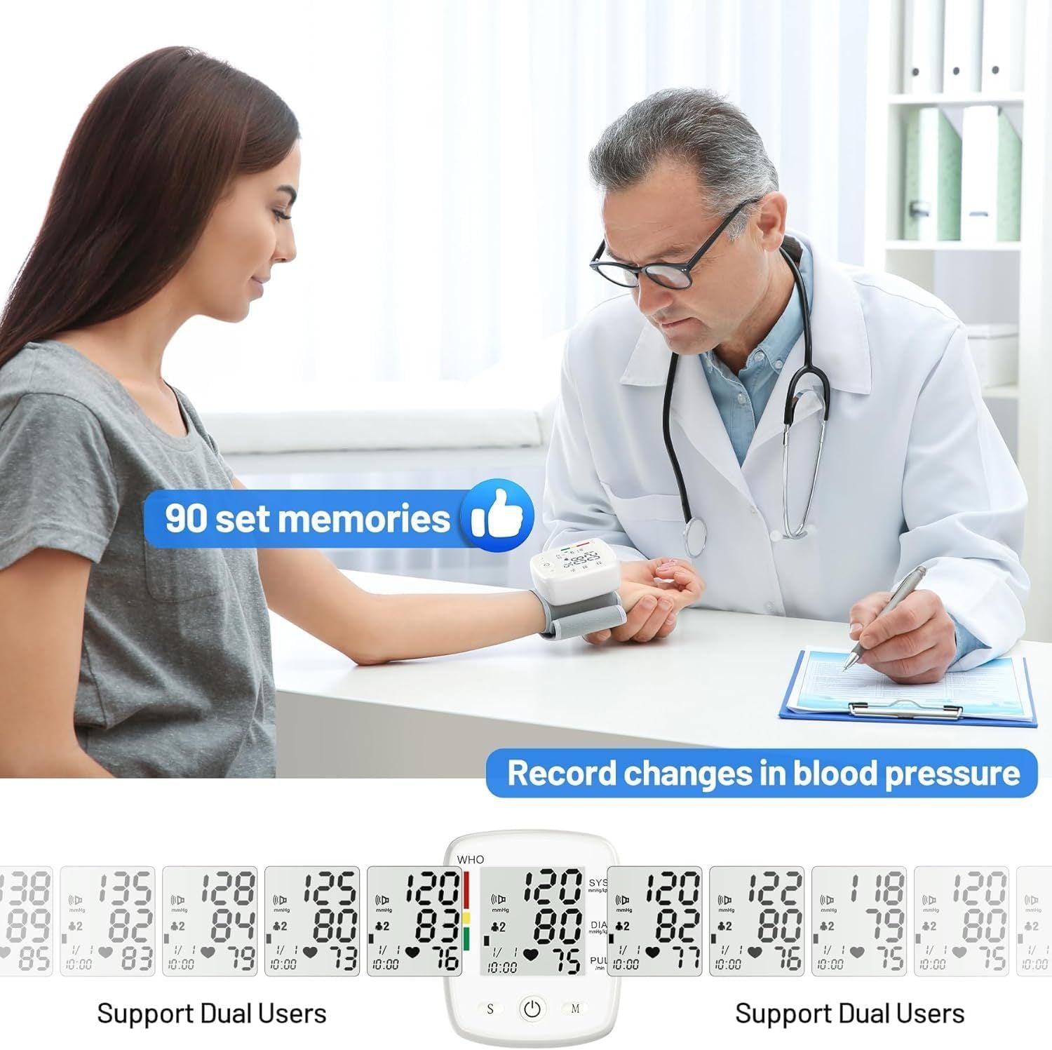 Wrist Blood Pressure Monitor Adjustable Automatic Wrist Cuff Voice Broadcast With 2 Users 180 Memory, Rechargeable Blood Pressure Monitors For Home Use With USB Charging Cable Carrying Case