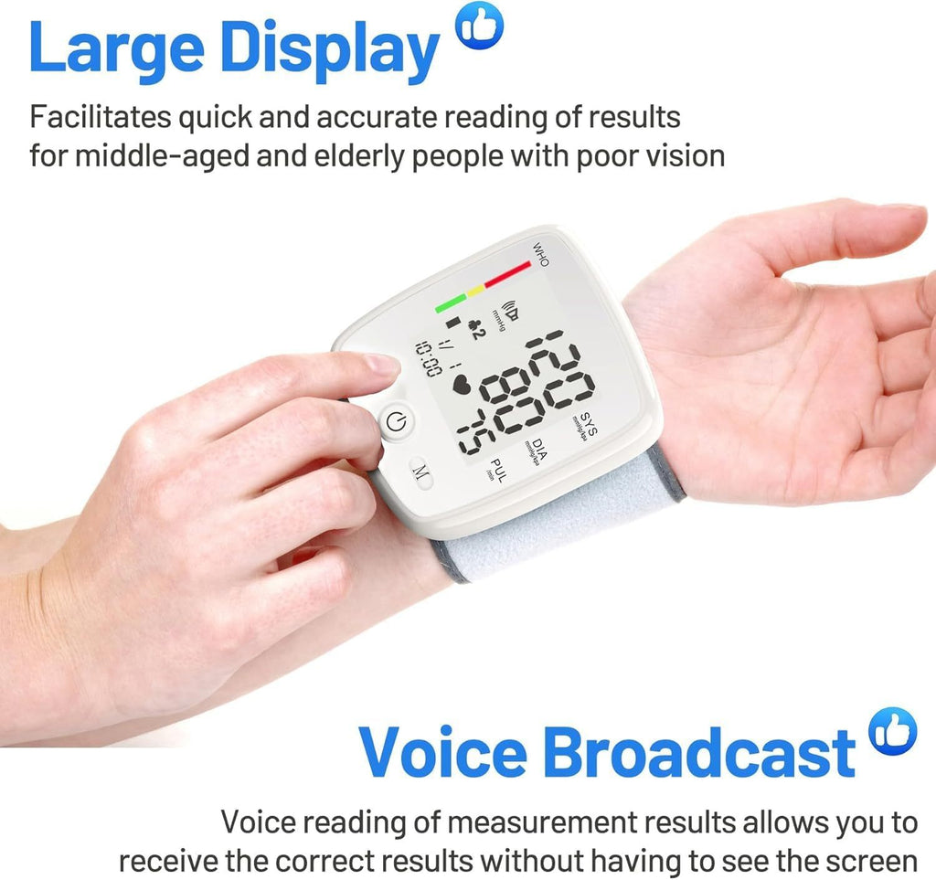 Wrist Blood Pressure Monitor Adjustable Automatic Wrist Cuff Voice Broadcast With 2 Users 180 Memory, Rechargeable Blood Pressure Monitors For Home Use With USB Charging Cable Carrying Case