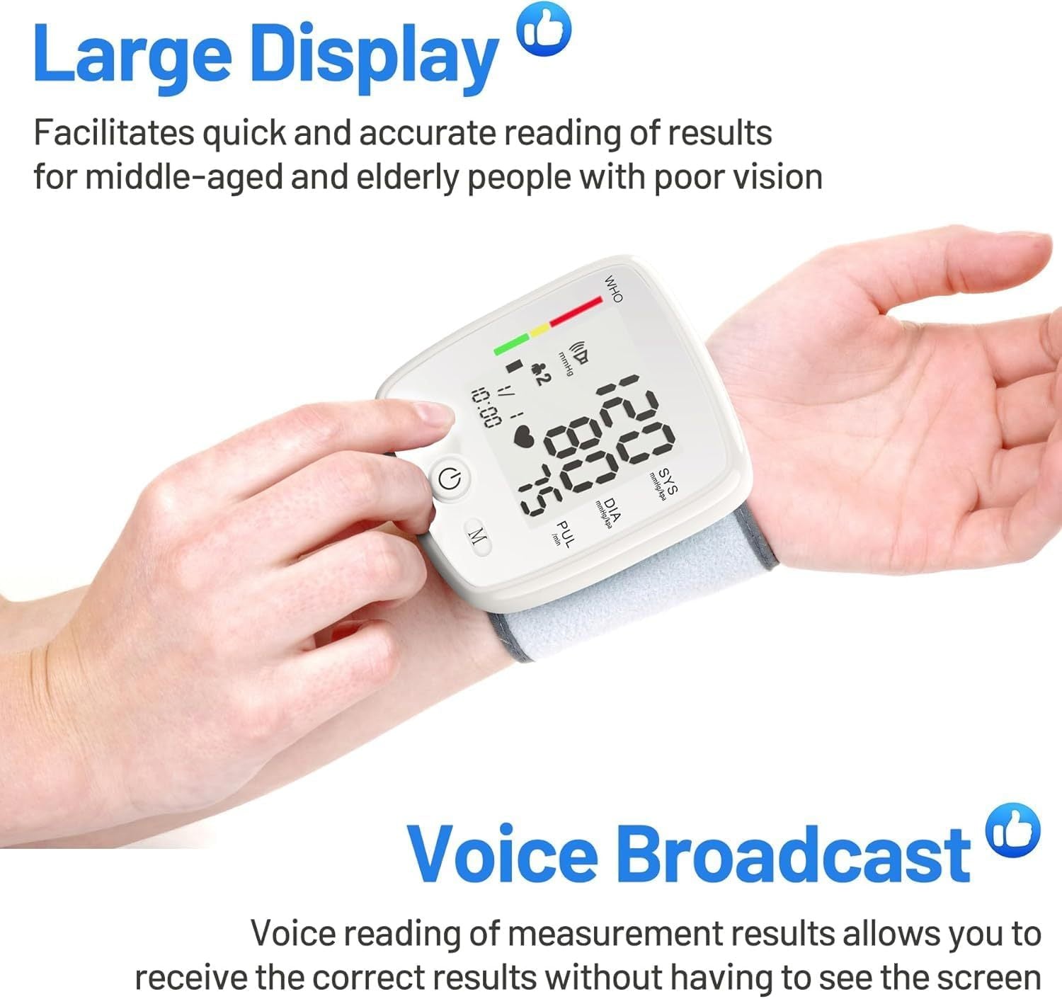 Wrist Blood Pressure Monitor Adjustable Automatic Wrist Cuff Voice Broadcast With 2 Users 180 Memory, Rechargeable Blood Pressure Monitors For Home Use With USB Charging Cable Carrying Case